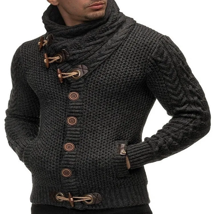 Men's Fahsion Cowl Neck Horn Button Single Breasted Cardigan