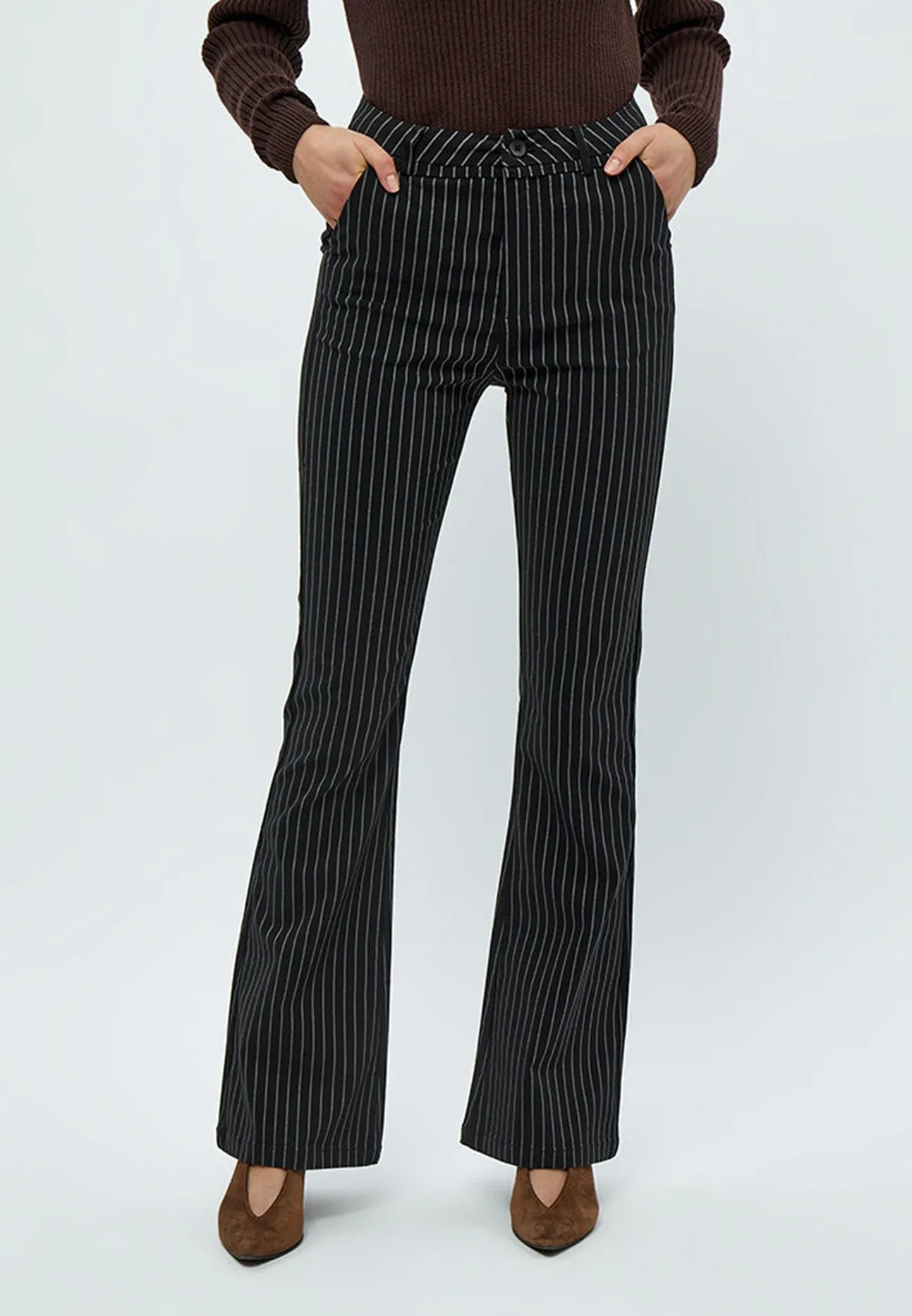 Minus Carma stripe flared pants black grey pinstripe