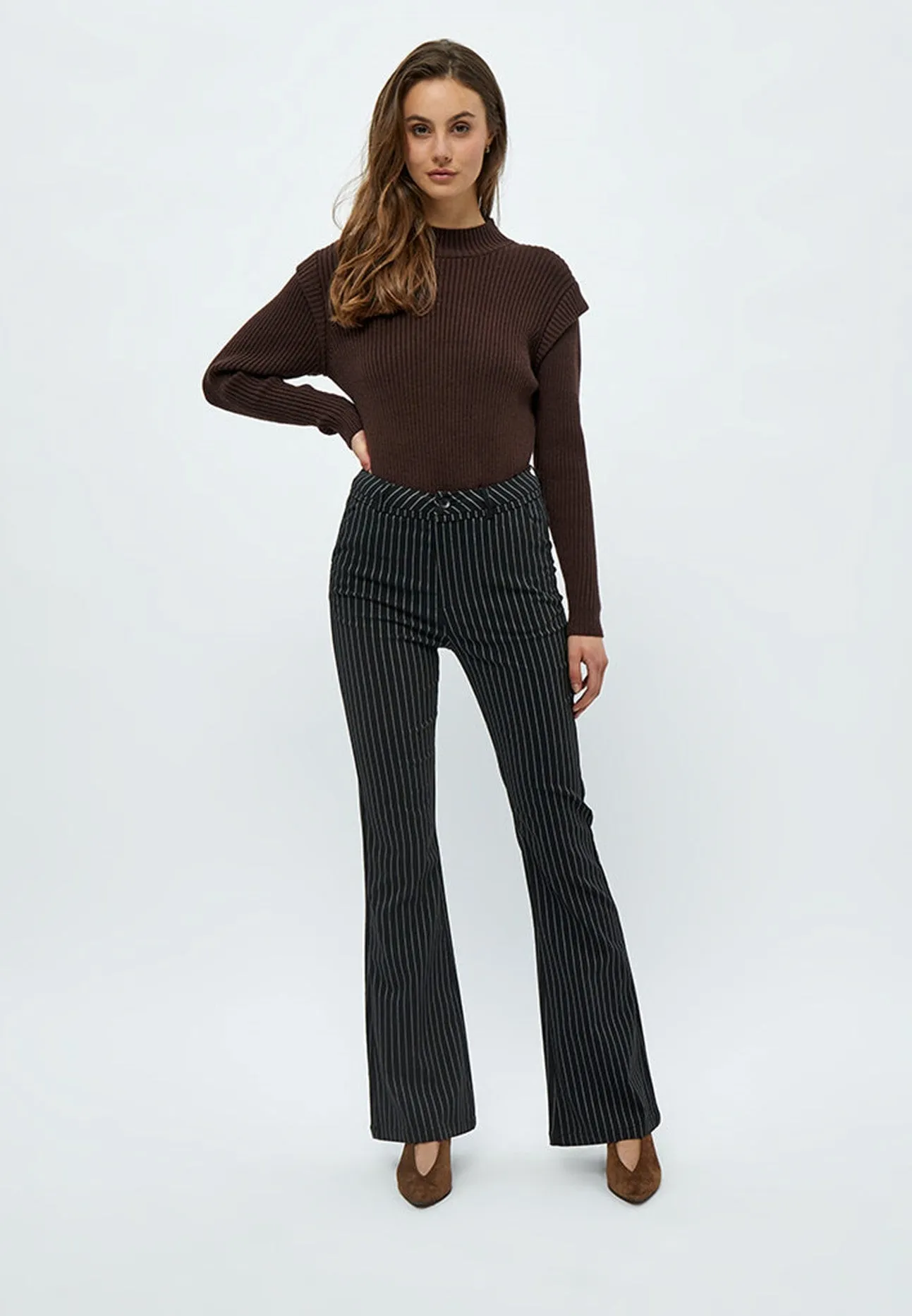 Minus Carma stripe flared pants black grey pinstripe