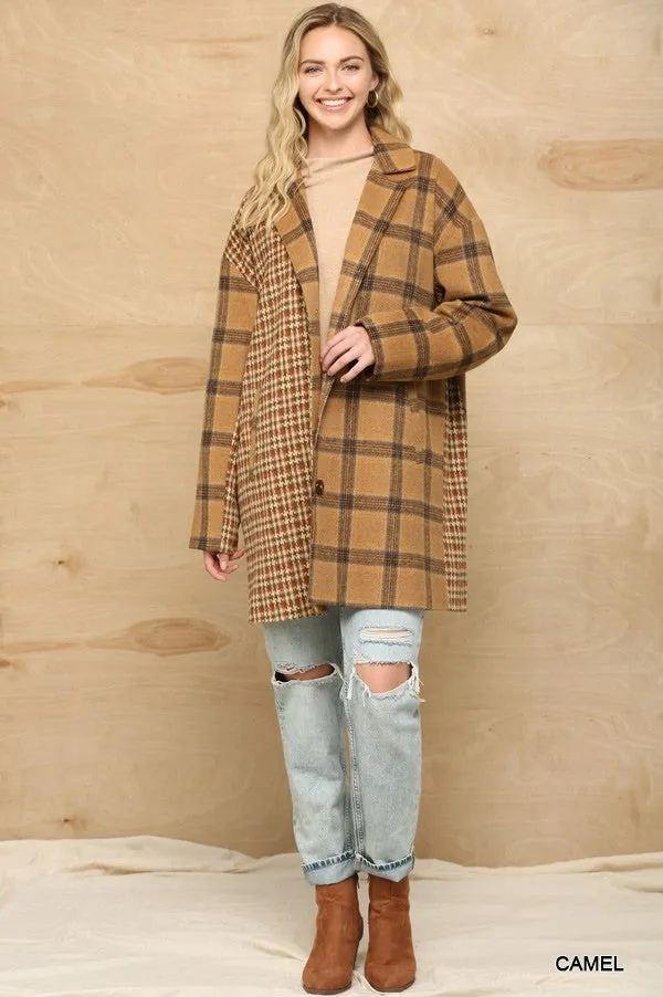 Mixed Oversize Coat with Pockets and Button