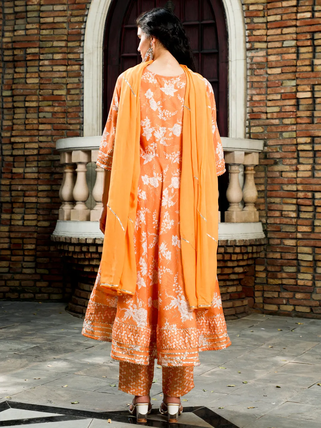 Mustard Floral Print Flared Kurta With Pants And Dupatta