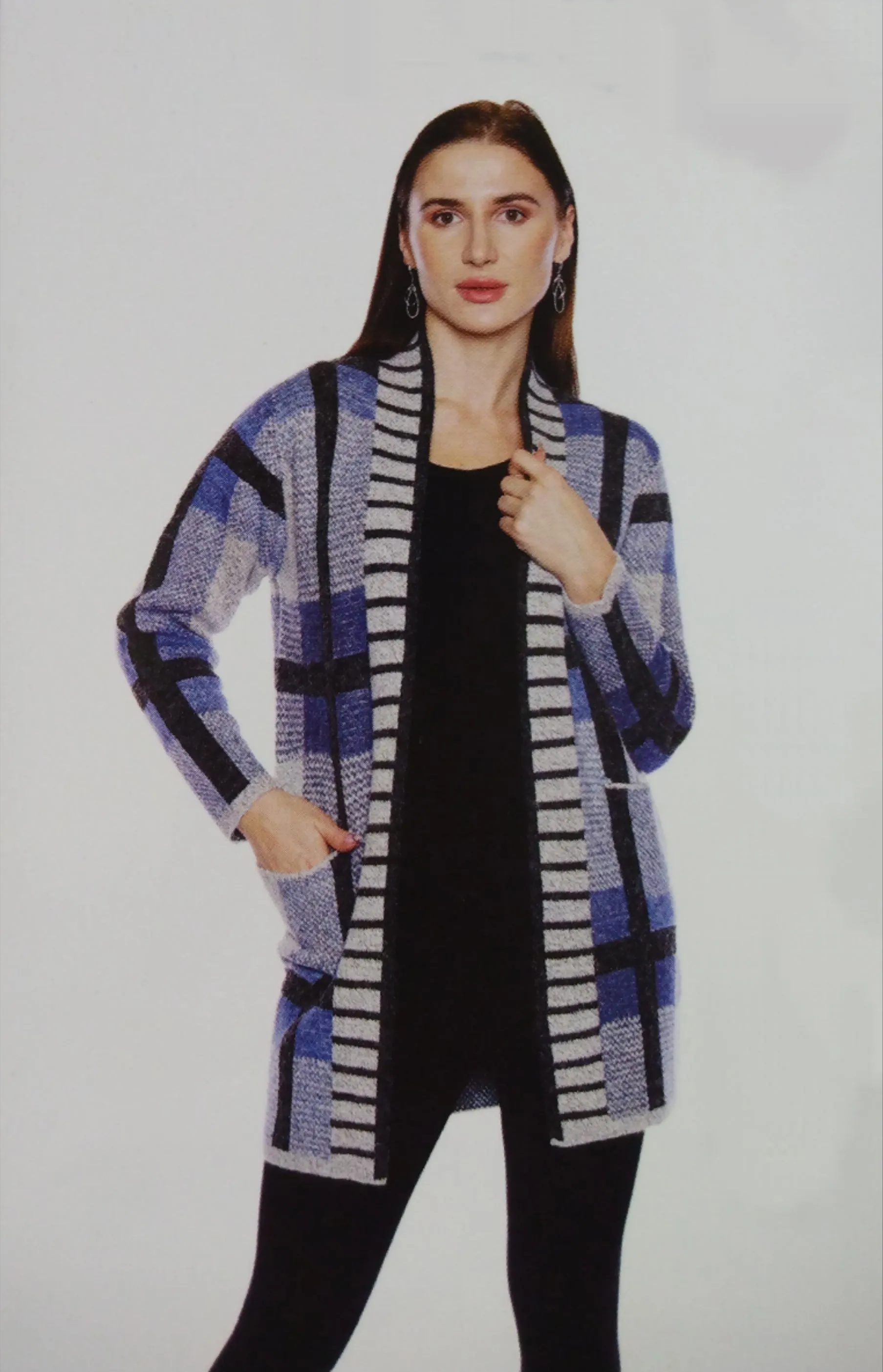 Papa Fashions Long open cardigan blue pattern