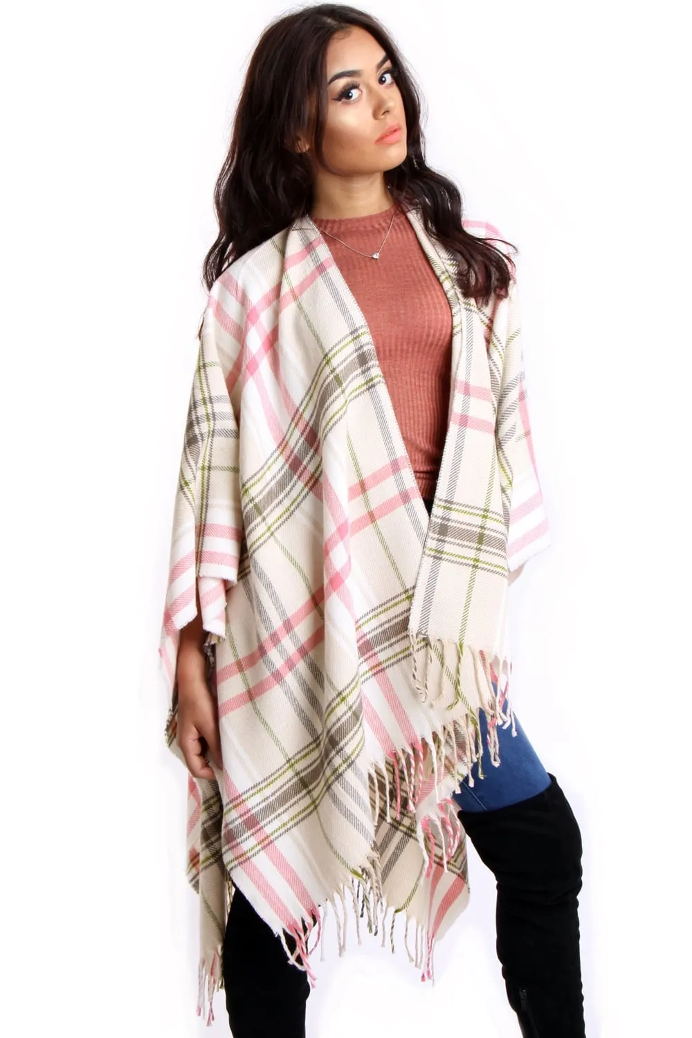 Pink & Beige Tartan Check Blanket Cape with Tassels