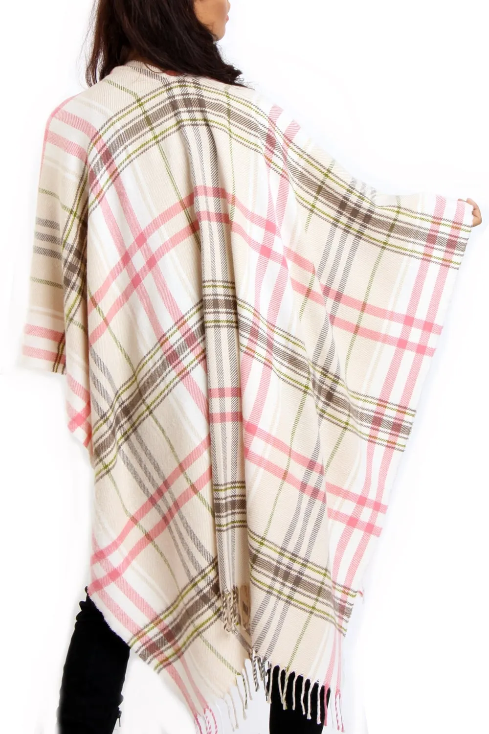 Pink & Beige Tartan Check Blanket Cape with Tassels