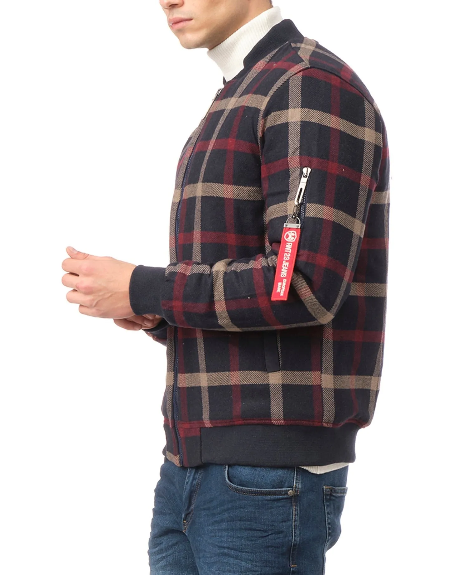 Plaid Bomber Jacket - Navy/Red