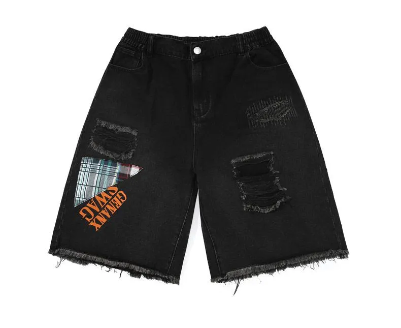 Plaid Patchwork Distressed Fringed Denim Shorts