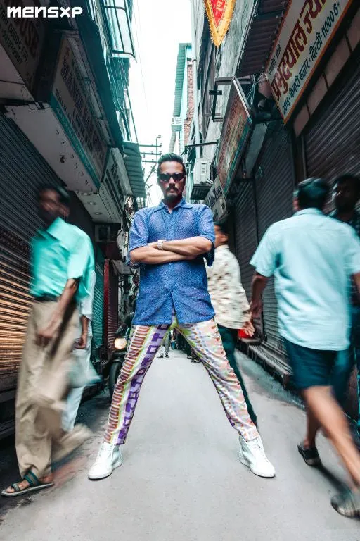 R. J Abhinav in our Geometric Printed Denim Bomber Jacket paired with Geometric Printed Linen Slim Fit Pants from Magical Wilderness Collection