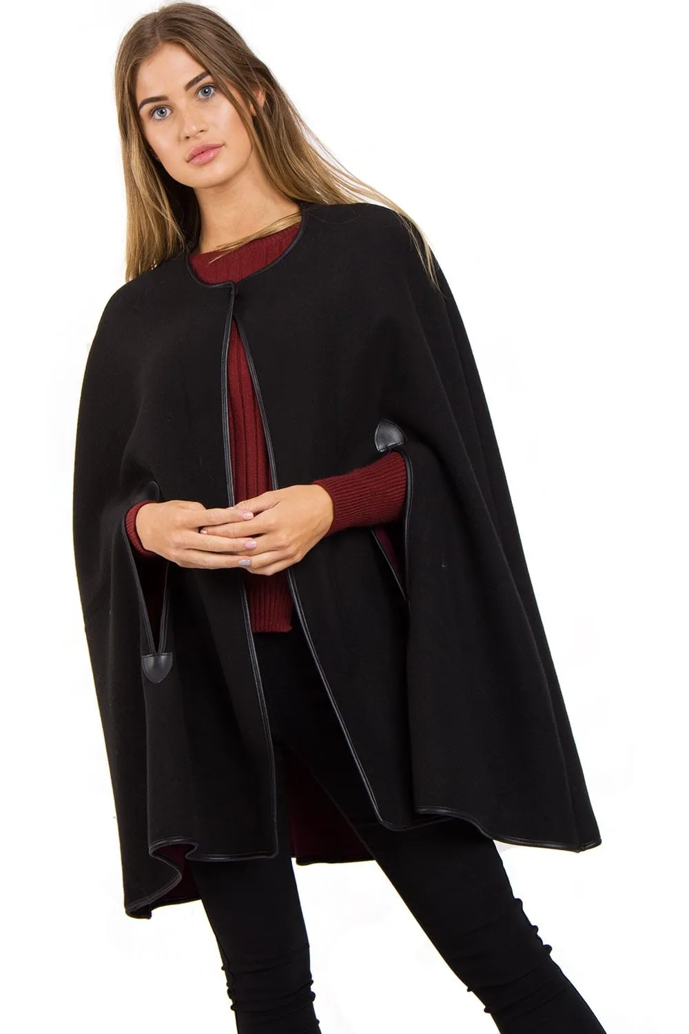 Reversable Pu Leather Trim Poncho Cape