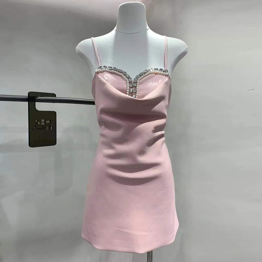 Ruched Camisole Dress Female Square Collar Sleeveless High Waist Spliced Diamonds Slim Mini Dresses Women