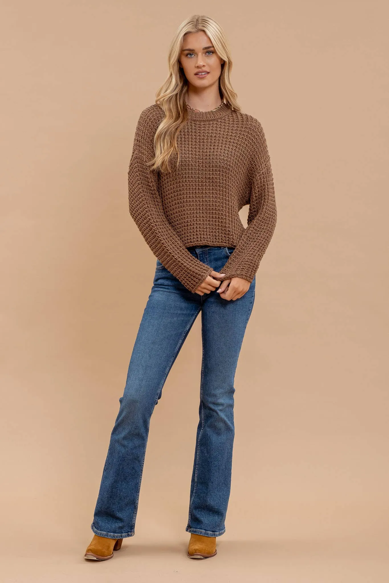 SHEER CREW NECK CROCHET KNIT SWEATER