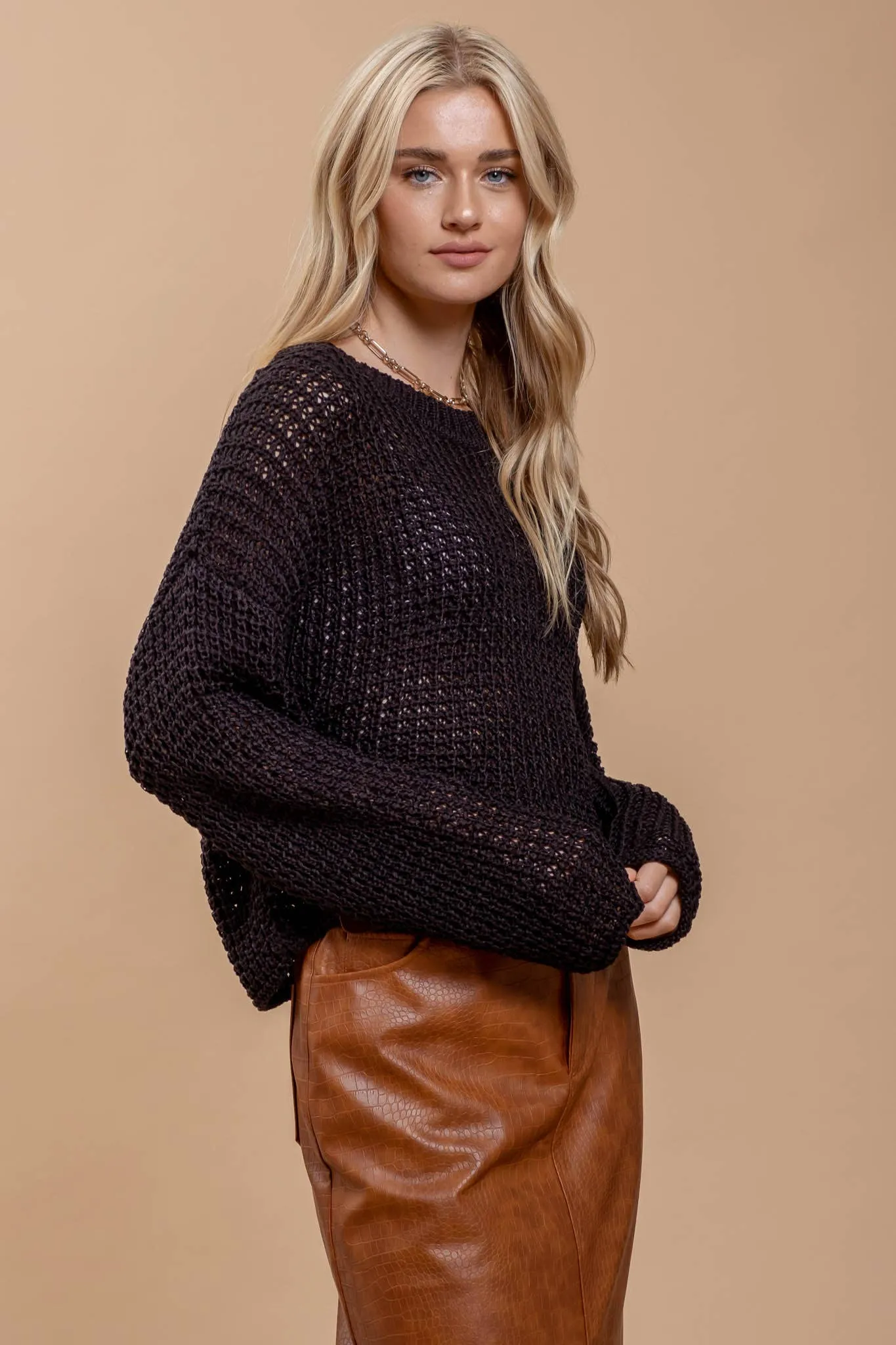 SHEER CREW NECK CROCHET KNIT SWEATER