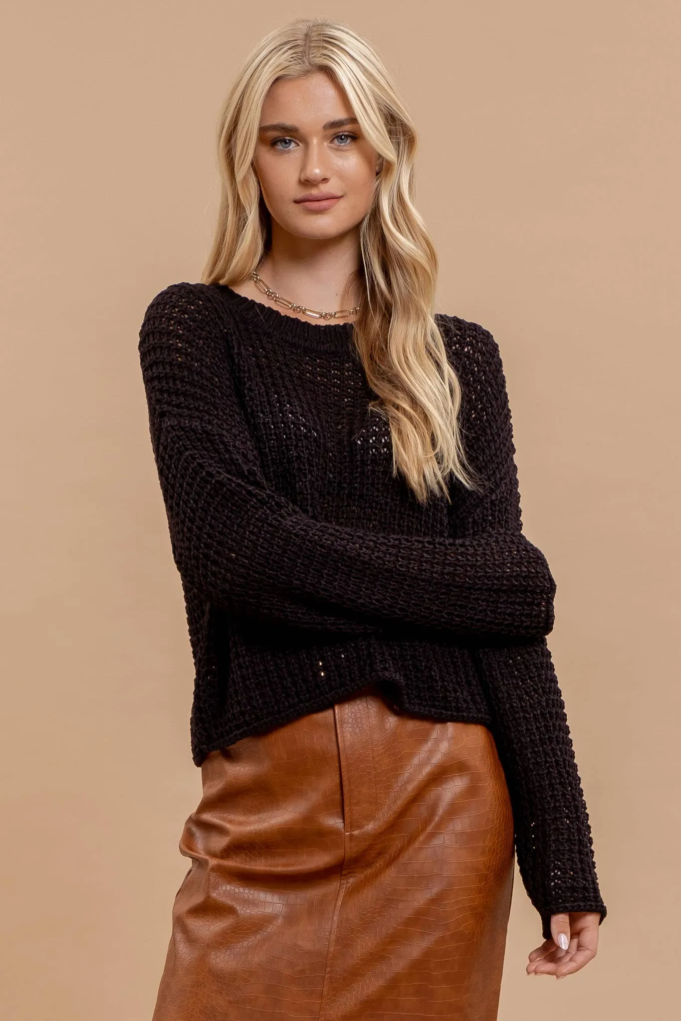 SHEER CREW NECK CROCHET KNIT SWEATER