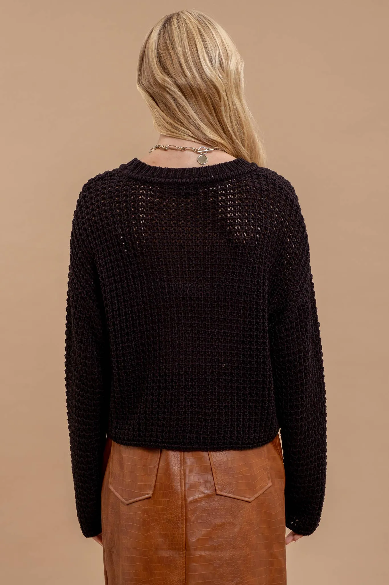 SHEER CREW NECK CROCHET KNIT SWEATER