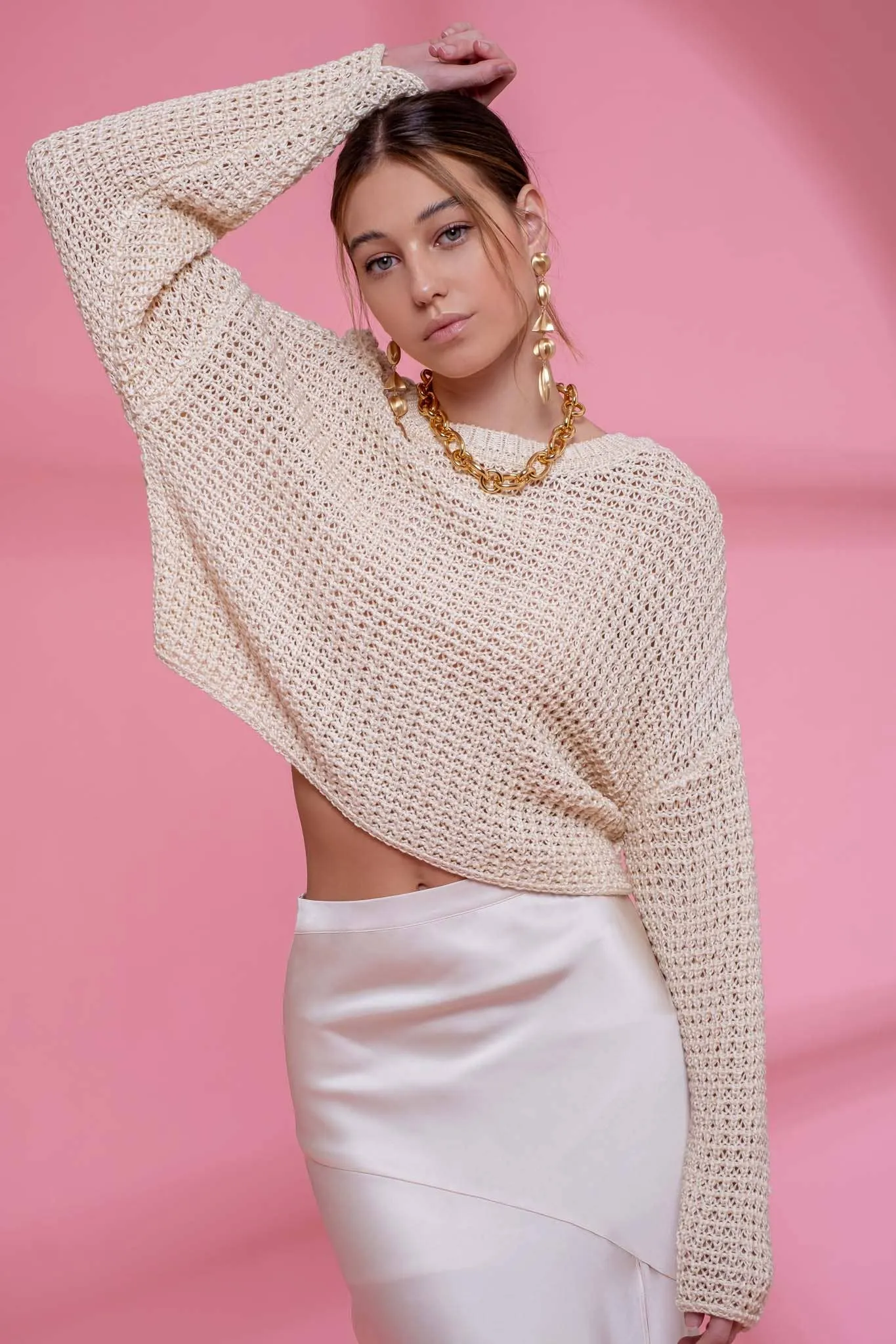 SHEER CREW NECK CROCHET KNIT SWEATER