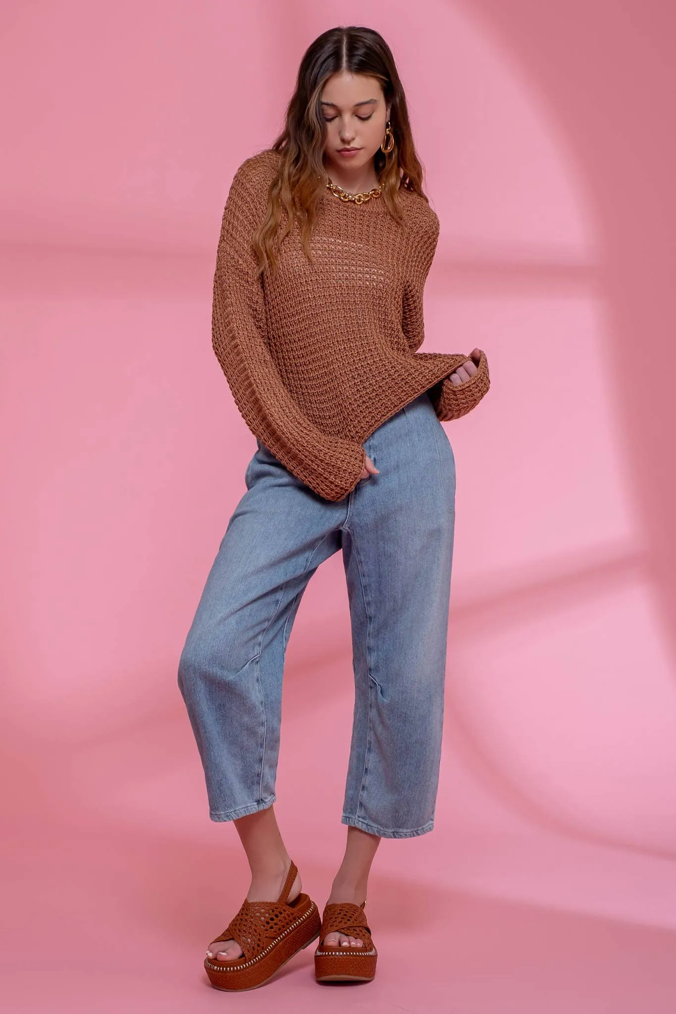 SHEER CREW NECK CROCHET KNIT SWEATER