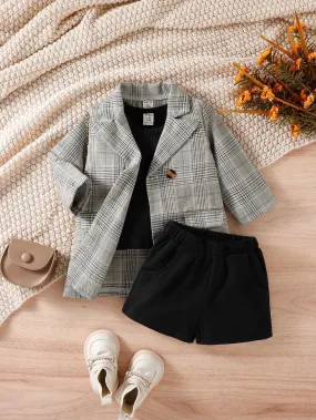 SHEIN Baby Girl Plaid Print Blazer & Tank Top & Shorts