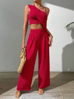 SHEIN VCAY Red High Waist Irregular Shoulder Ruffle Trim Top And Wide Leg Pants Vacation Women's 2 Piece Set