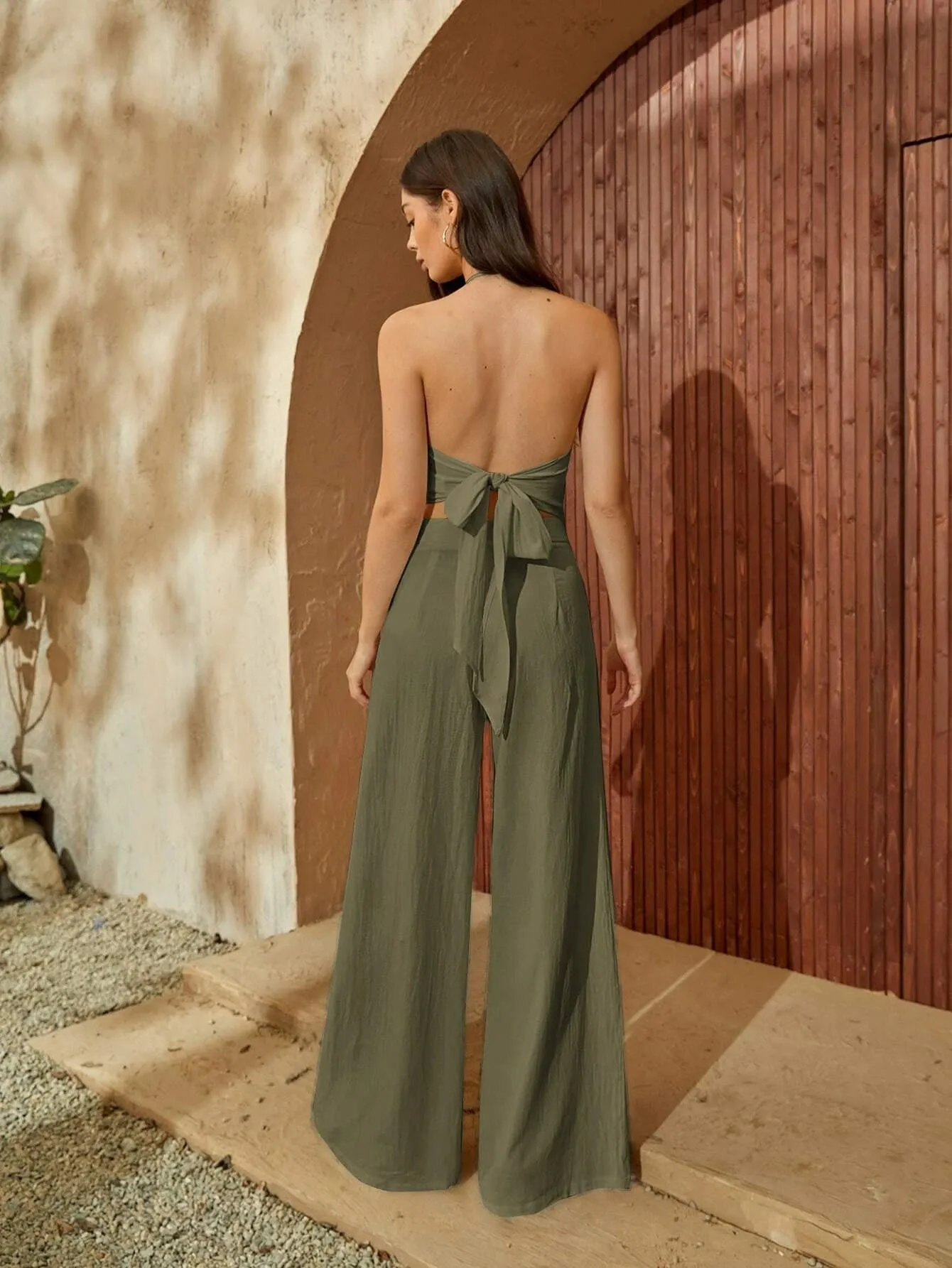 SHEIN VCAY Tie Back Backless Halter Top & Wide Leg Pants