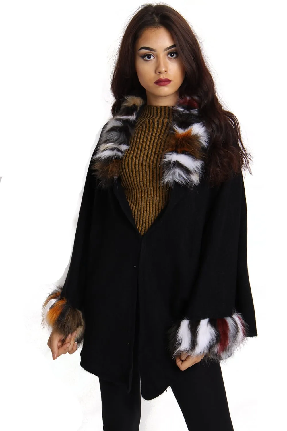 Short Faux Fur Cape With Sleeves