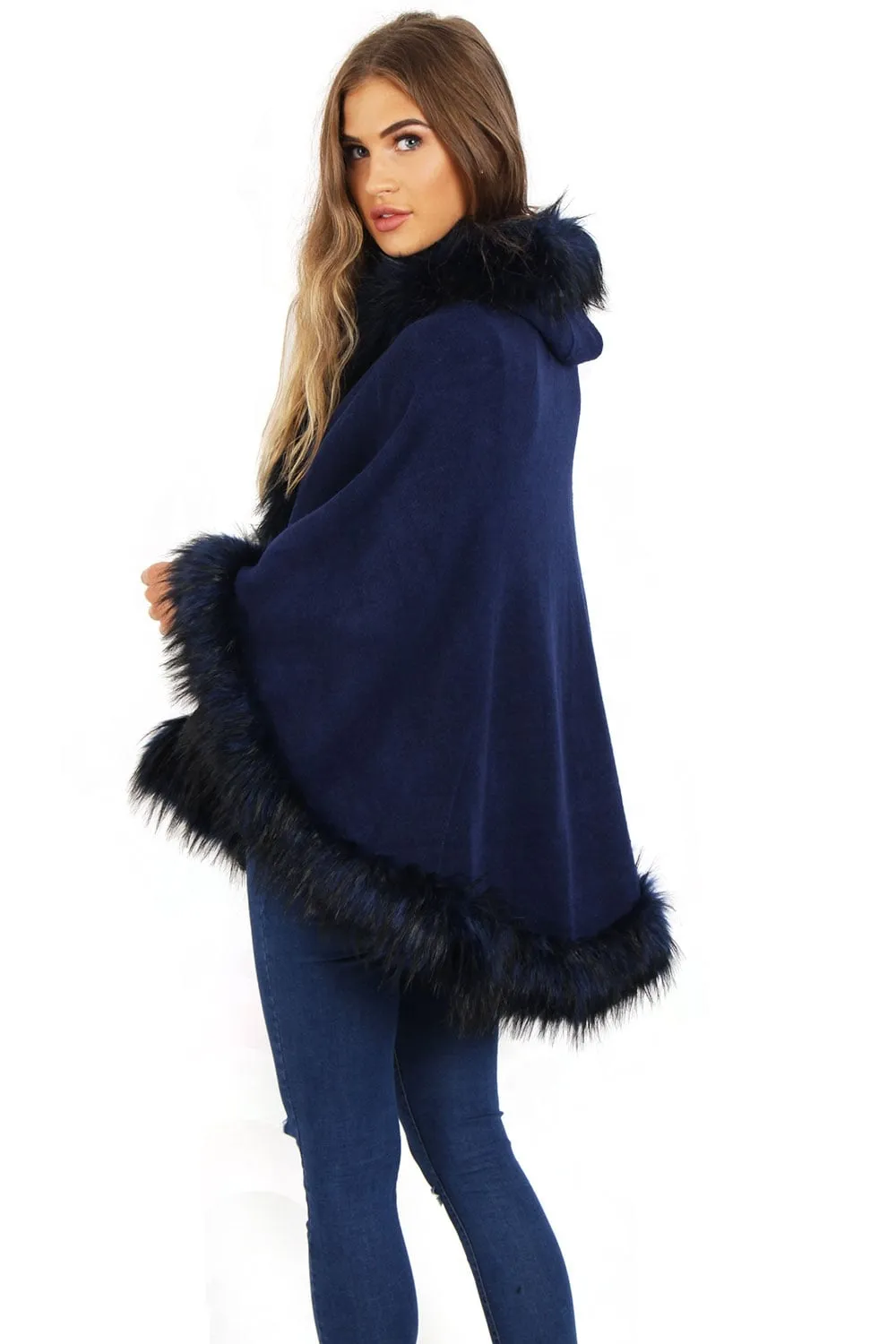 Short Poncho Cape with Faux Fur Hood Cuffs and Trim