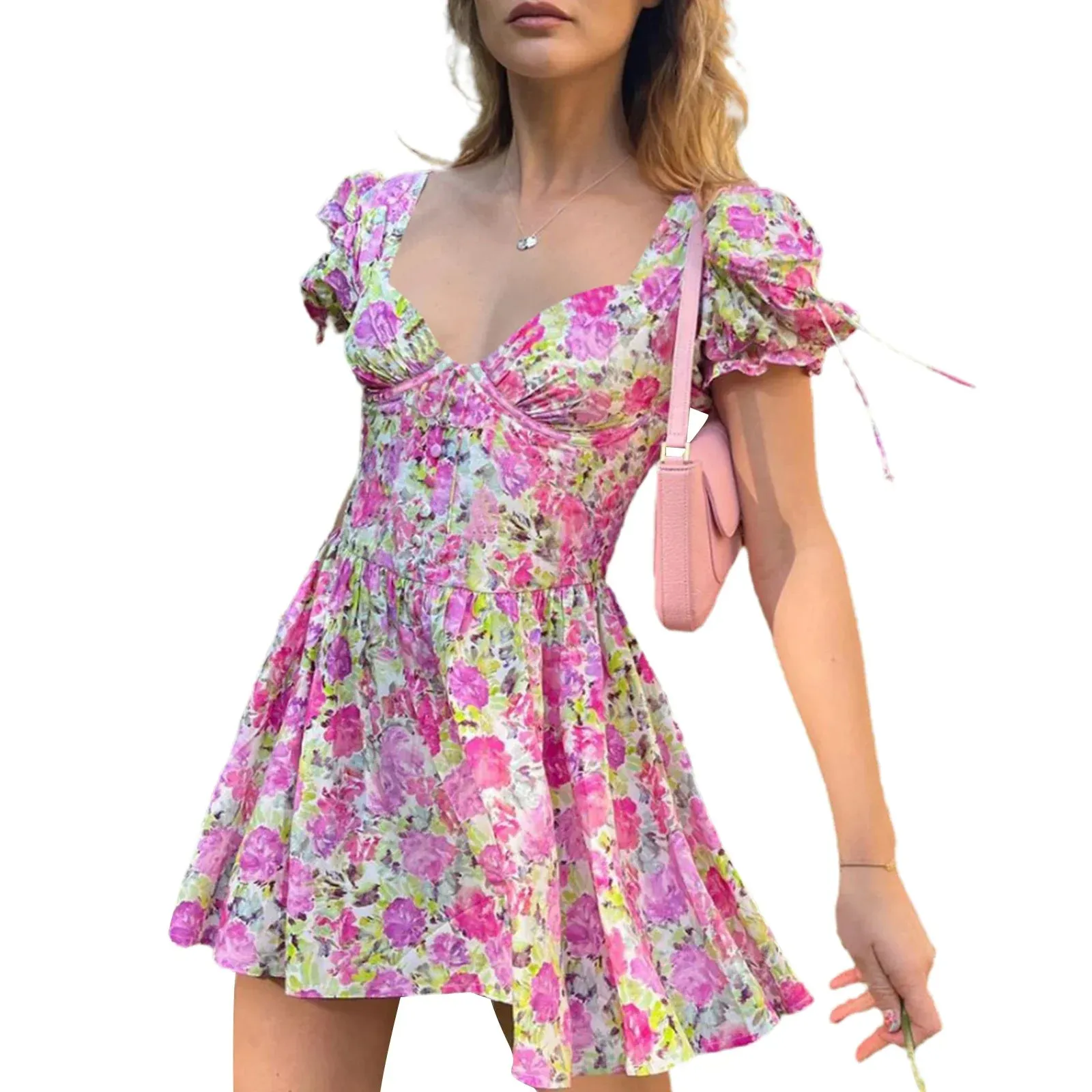 Short Sleeve Fashion Flower Printed V-neck High Waist A-line Casual Casual Dress