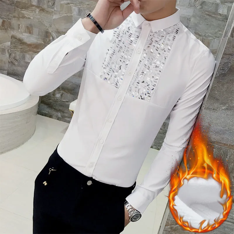 Simple Sequin Detail Chest Men Slim Warm Shirt