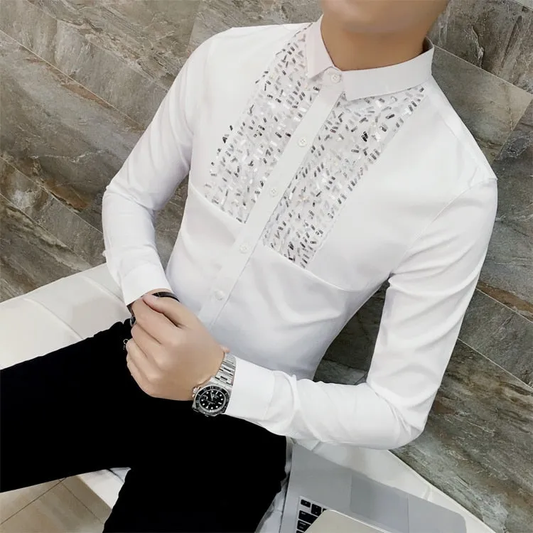 Simple Sequin Detail Chest Men Slim Warm Shirt