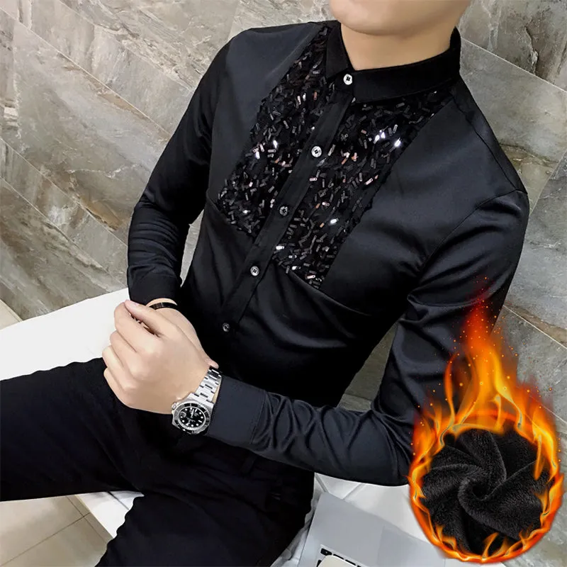 Simple Sequin Detail Chest Men Slim Warm Shirt