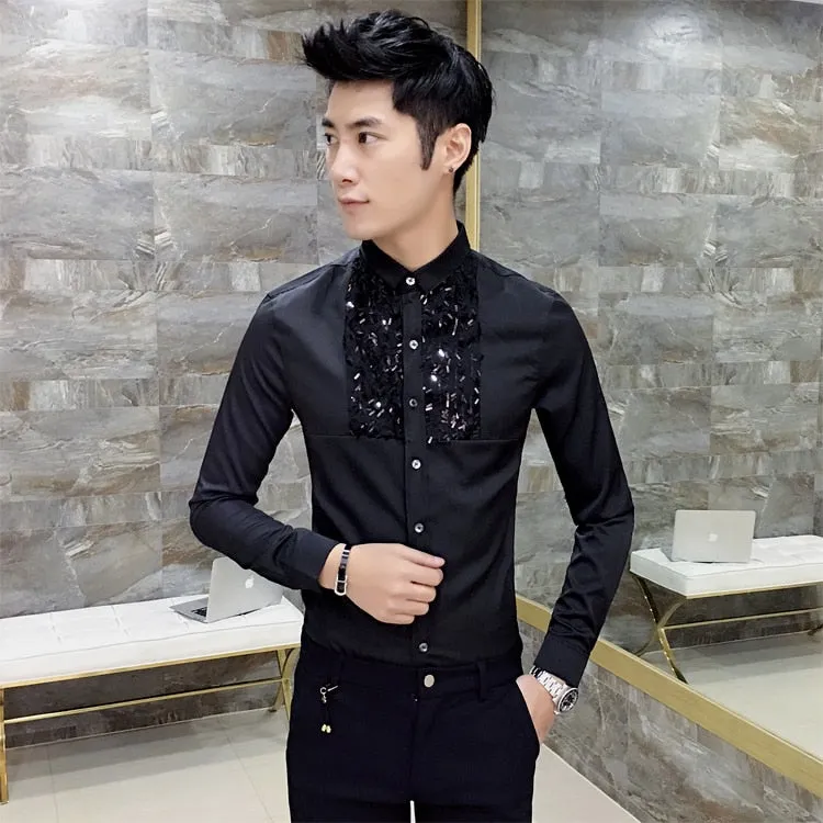 Simple Sequin Detail Chest Men Slim Warm Shirt