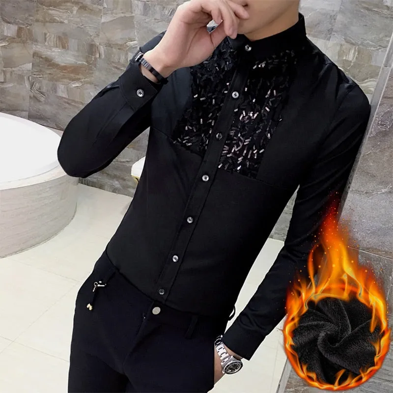 Simple Sequin Detail Chest Men Slim Warm Shirt