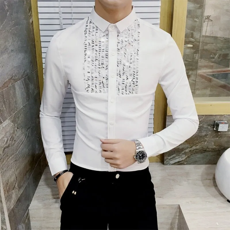 Simple Sequin Detail Chest Men Slim Warm Shirt