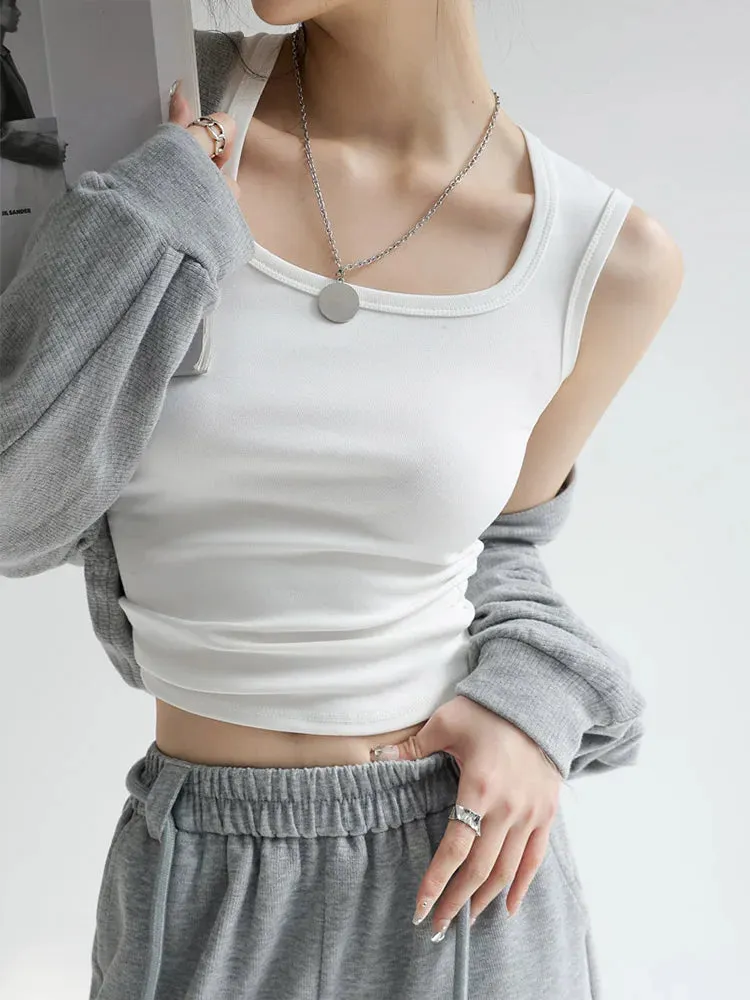 Solid U Neck Ribbed Camisole Crop Top for Women