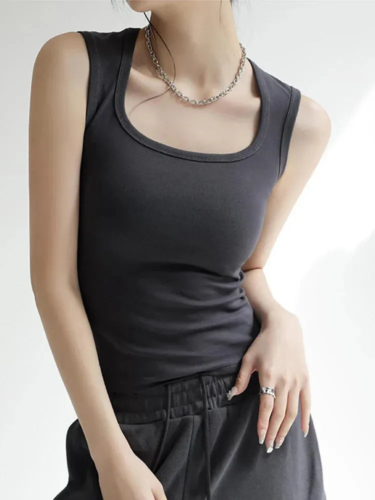 Solid U Neck Ribbed Camisole Crop Top for Women