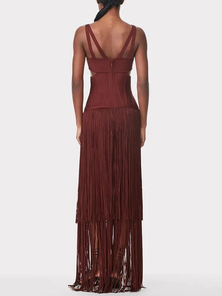 Spliced Tassel Sexy Hollow Out Dresses For Women V Neck Sleeveless High Waist Slimming Solid Camisole Dress Female Fashion