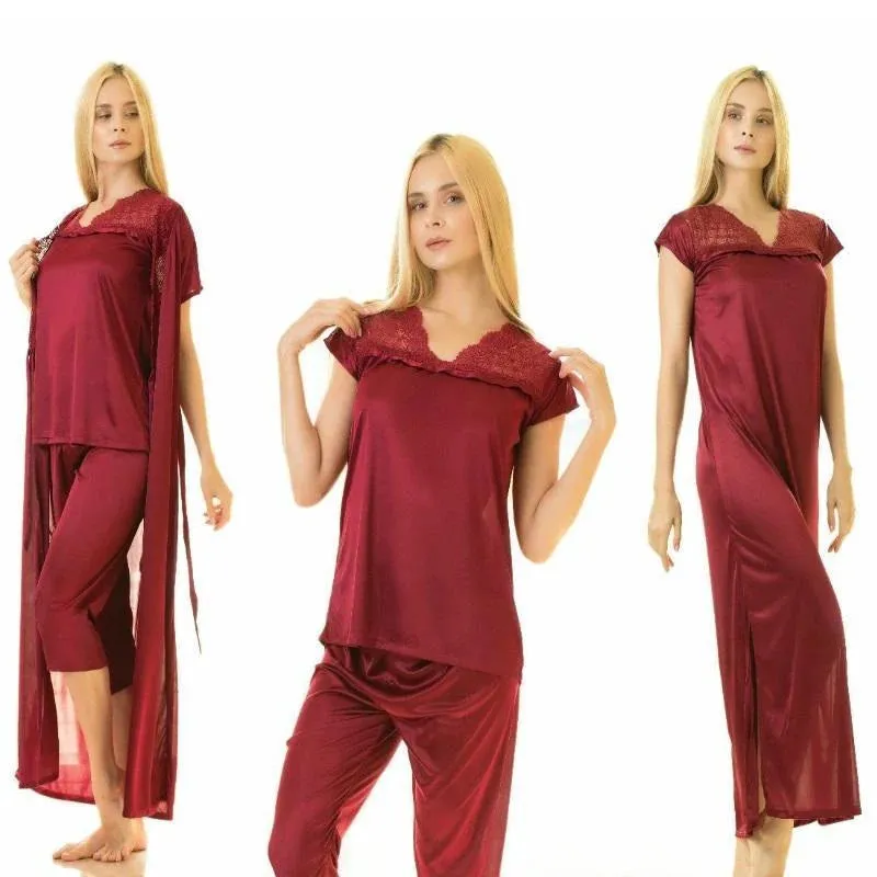 STYLISH LACE SILK NIGHTDRESS 4PC