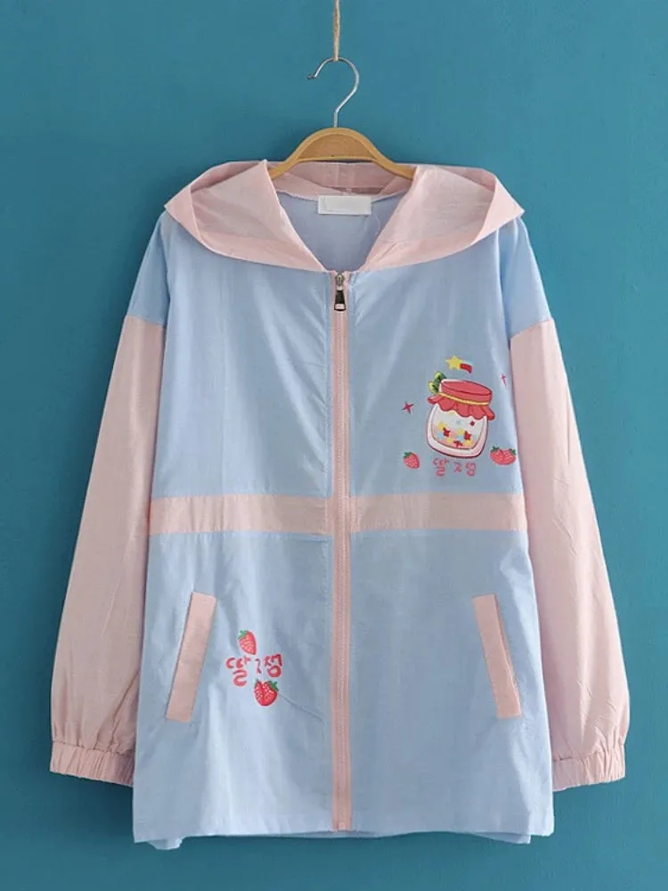 Summer Women Thin Zipper Hooded Jackets Strawberry Print Long Sleeve Harakuju Jacket Sweet Style Female Kawaii Cute Coat