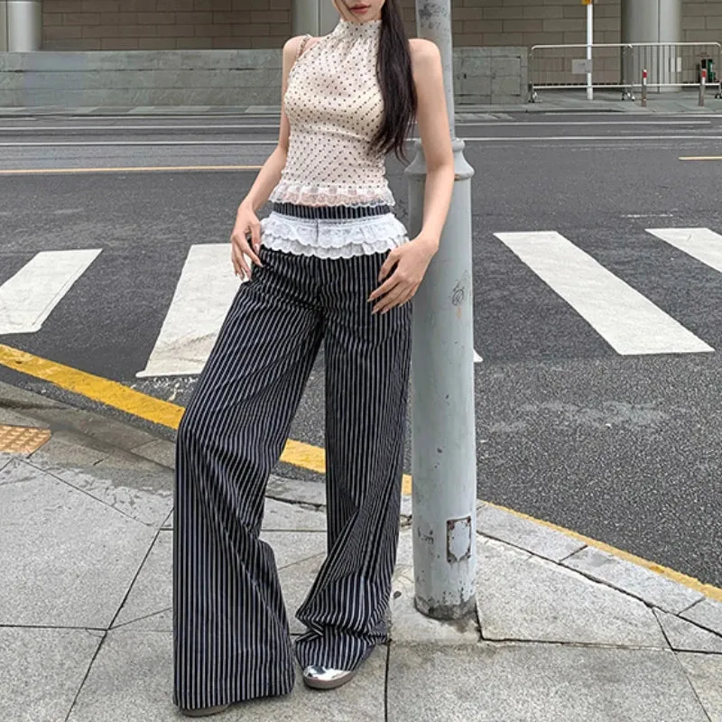 TAVIMART  -  Summer New Streetwear Polka Dot Lace Patchwork Sexy Camisole Women   Contrast Color Striped Wide Leg Pants Two-piece Suit