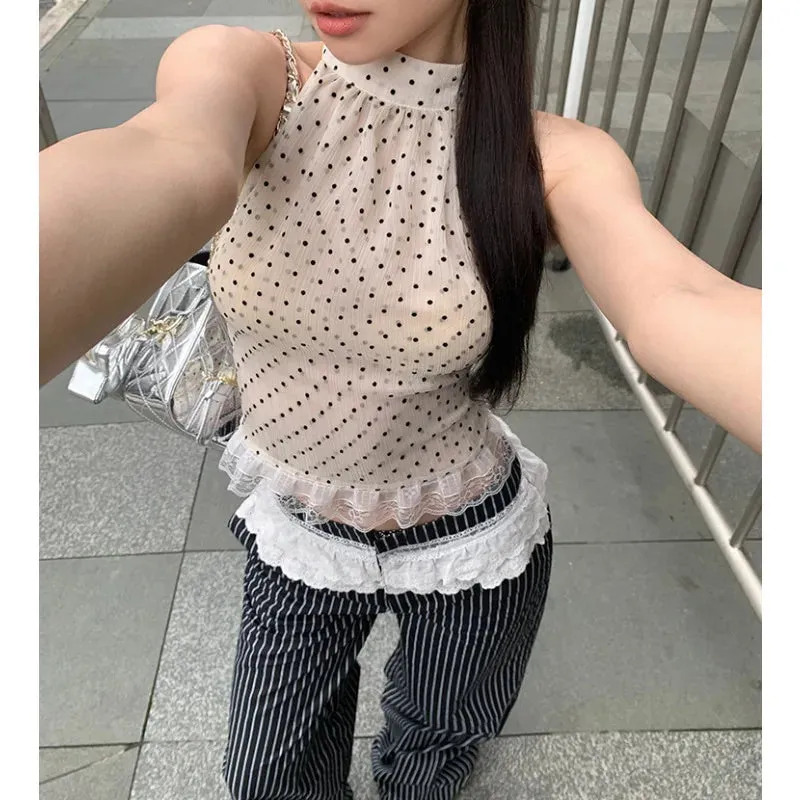 TAVIMART  -  Summer New Streetwear Polka Dot Lace Patchwork Sexy Camisole Women   Contrast Color Striped Wide Leg Pants Two-piece Suit