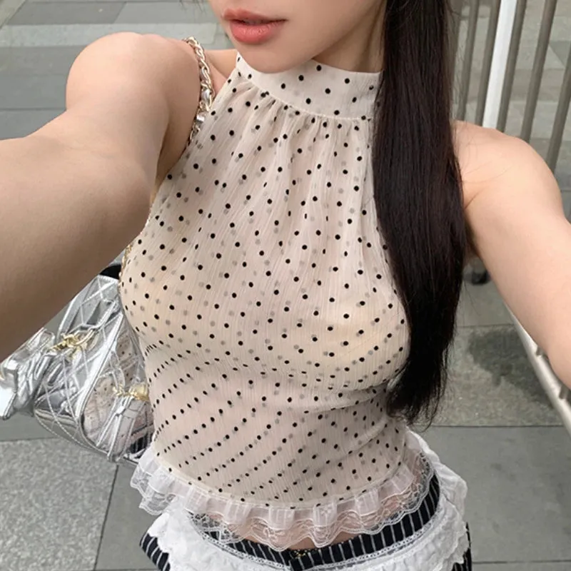 TAVIMART  -  Summer New Streetwear Polka Dot Lace Patchwork Sexy Camisole Women   Contrast Color Striped Wide Leg Pants Two-piece Suit