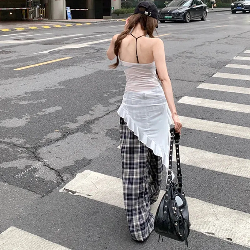 TAVIMART  -  Summer New Streetwear Sexy See-through Irregular Mesh Camisole Women   Loose Casual Plaid Wide Leg Pants Two-piece Suit