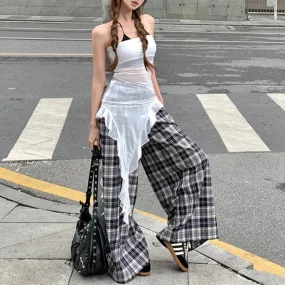 TAVIMART  -  Summer New Streetwear Sexy See-through Irregular Mesh Camisole Women   Loose Casual Plaid Wide Leg Pants Two-piece Suit