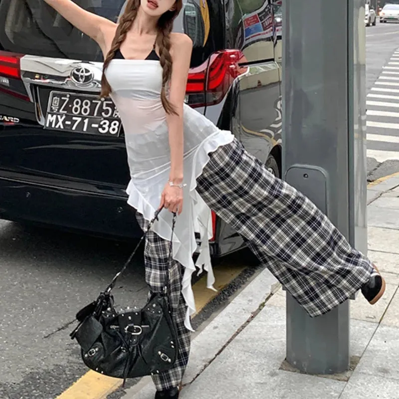 TAVIMART  -  Summer New Streetwear Sexy See-through Irregular Mesh Camisole Women   Loose Casual Plaid Wide Leg Pants Two-piece Suit