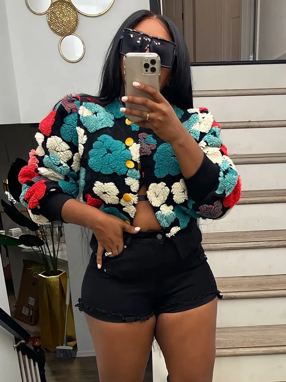 Three-Dimensional Floral Loose Single-Breasted Cardigan Jacket