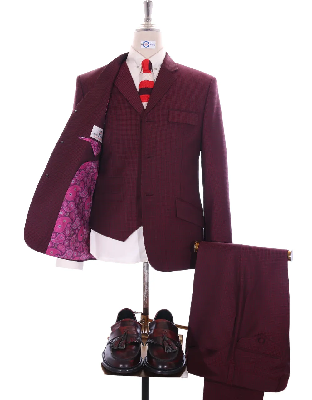 Three Piece Suit - Burgundy Check Men's Suit