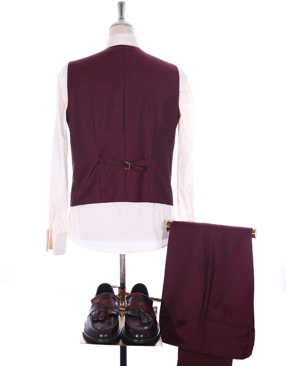 Three Piece Suit - Burgundy Check Men's Suit