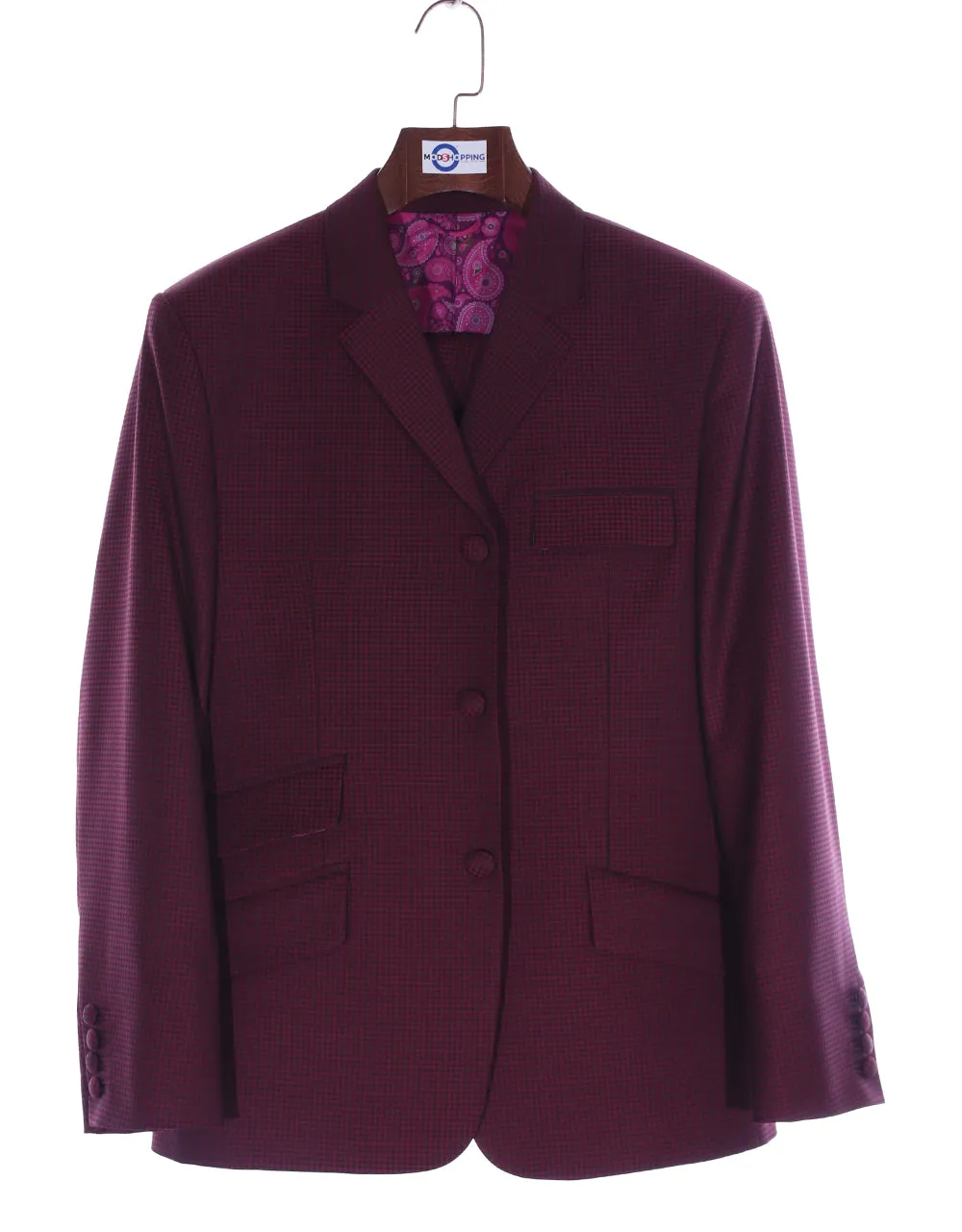 Three Piece Suit - Burgundy Check Men's Suit