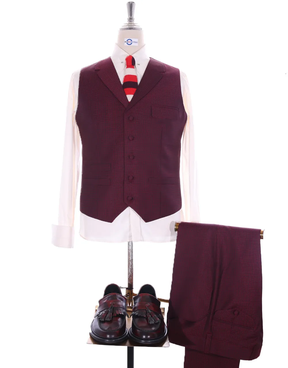 Three Piece Suit - Burgundy Check Men's Suit