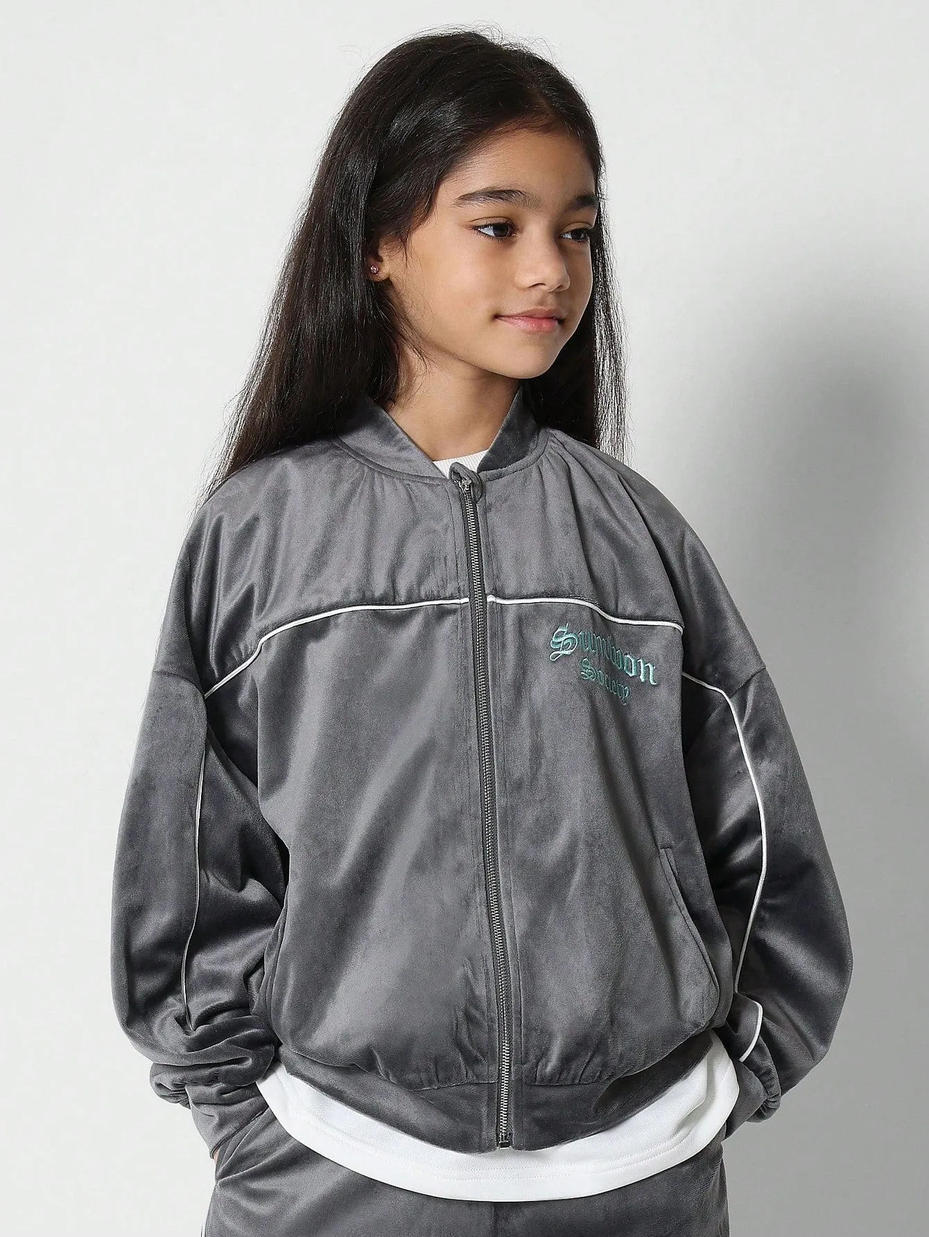 Tween Girls Velvet Bomber Jacket And Jogger 2 Piece Set