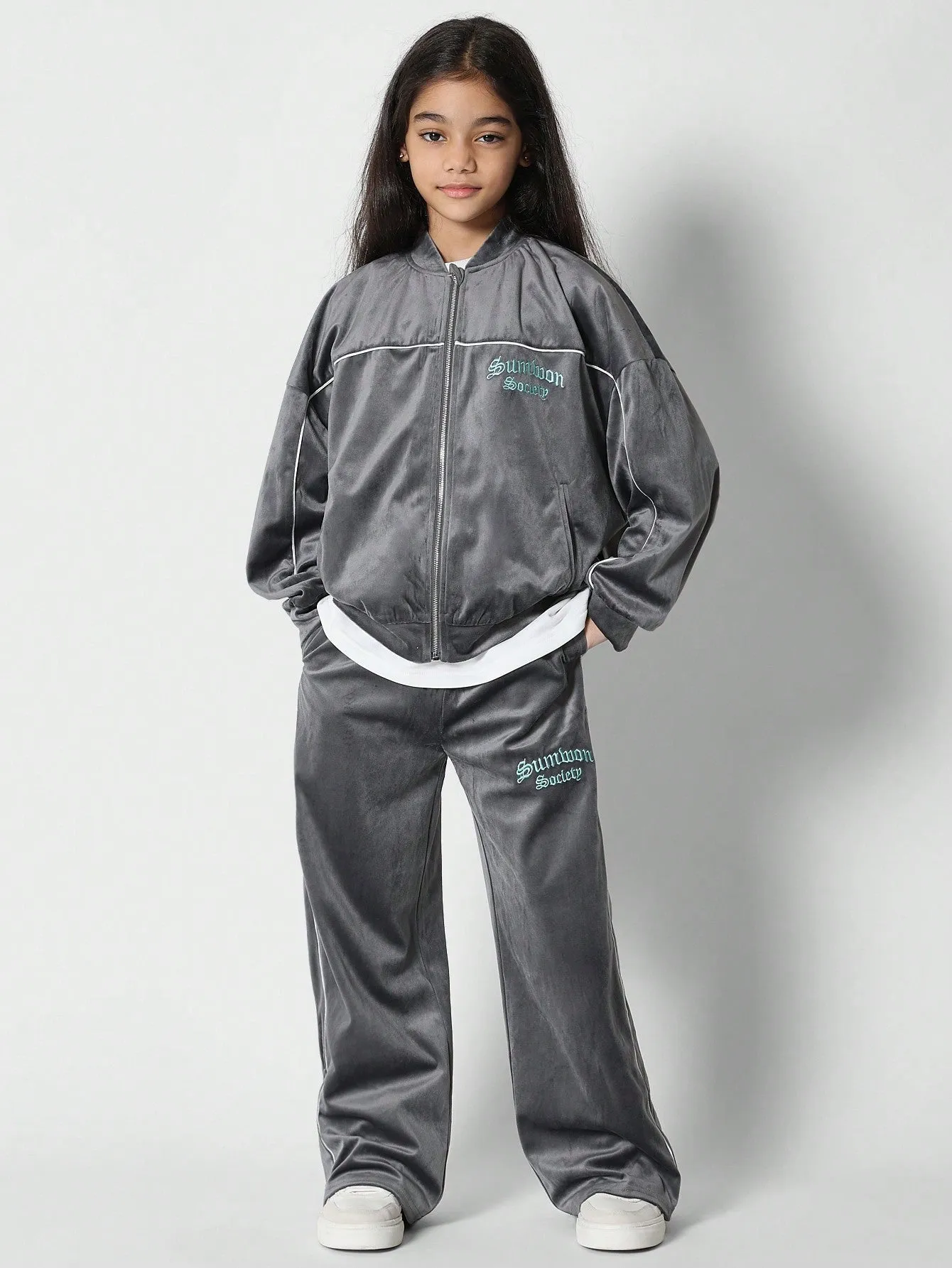 Tween Girls Velvet Bomber Jacket And Jogger 2 Piece Set