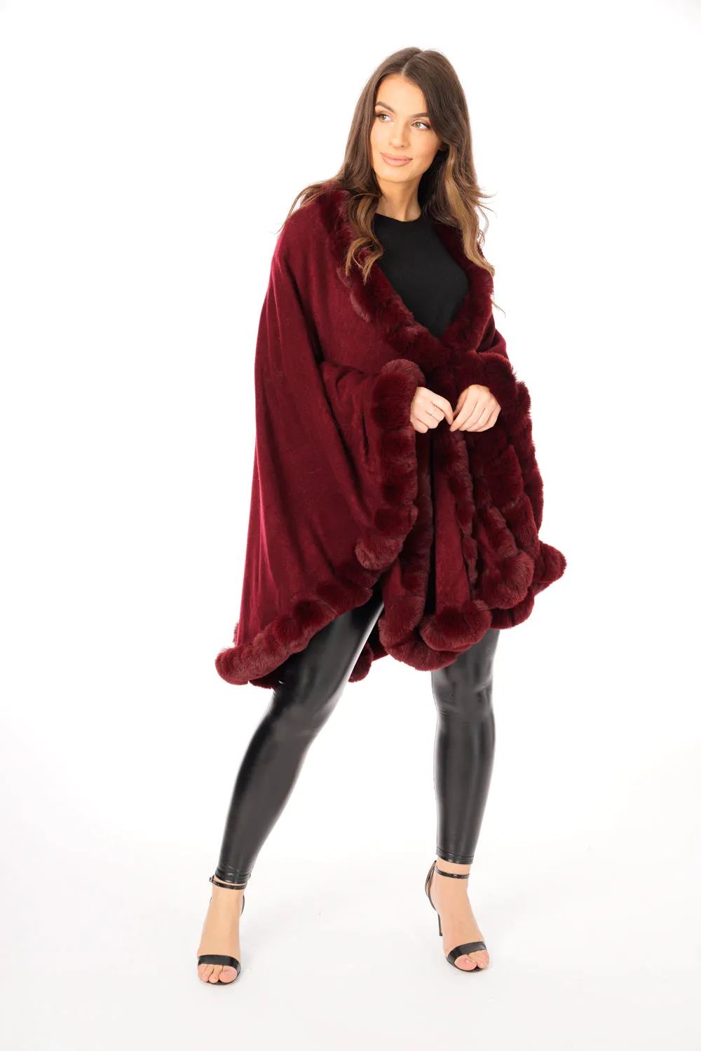 Ultra Soft Faux Fur Trim Swing Poncho Cape